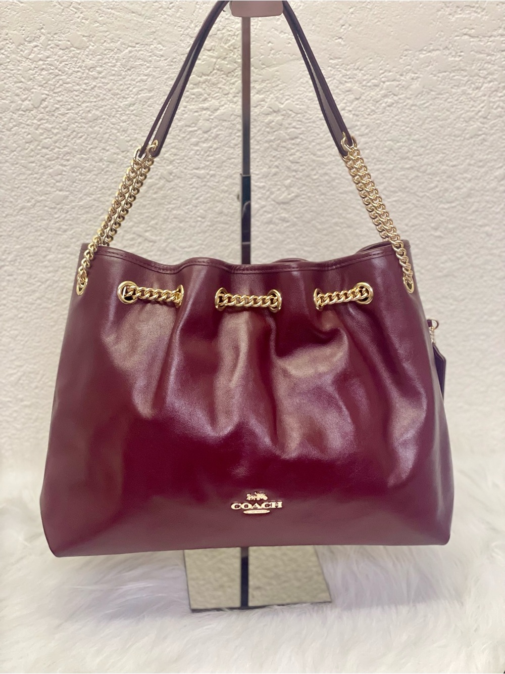 NWT COACH CCZ79 Evelyn Shoulder Bag Shiny Smooth Leather Gold/Dark Wine